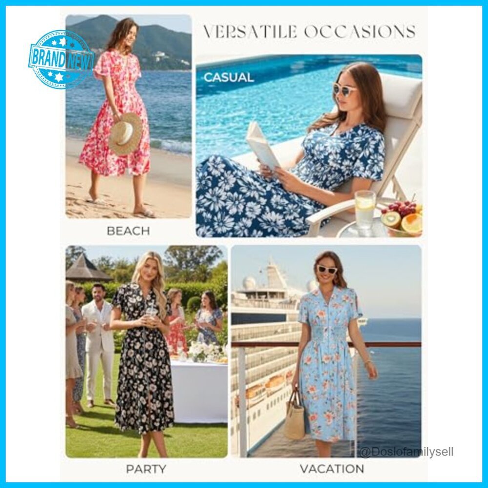 Floral Maxi Dress Casual Boho Flowy Summer Zipper Front Pockets Midi - Picture 2 of 6